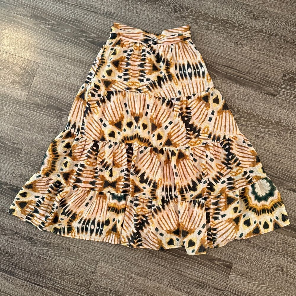 ba&sh Tiered Midi Skirt in Cream, Peach & Black Abstract Print